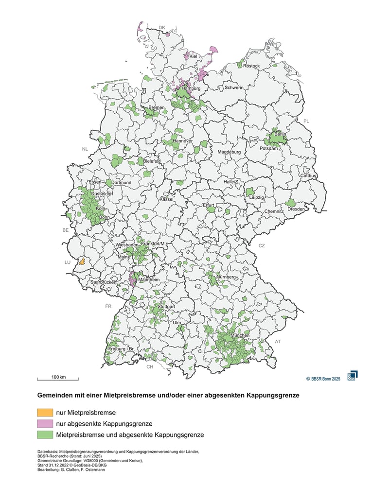 Karte von Deutschland mit Gemeinden mit Mietpreisbremse und oder abgesenkter Kappungsgrenze nach aktuellem Stand
