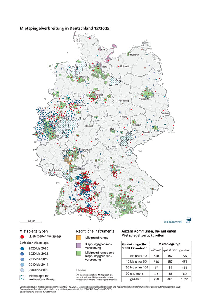 Deutschlandkarte zeigt die Mietspiegelverbreitung 12/2025 nach Mietspiegeltypen und rechtlichen Instrumenten