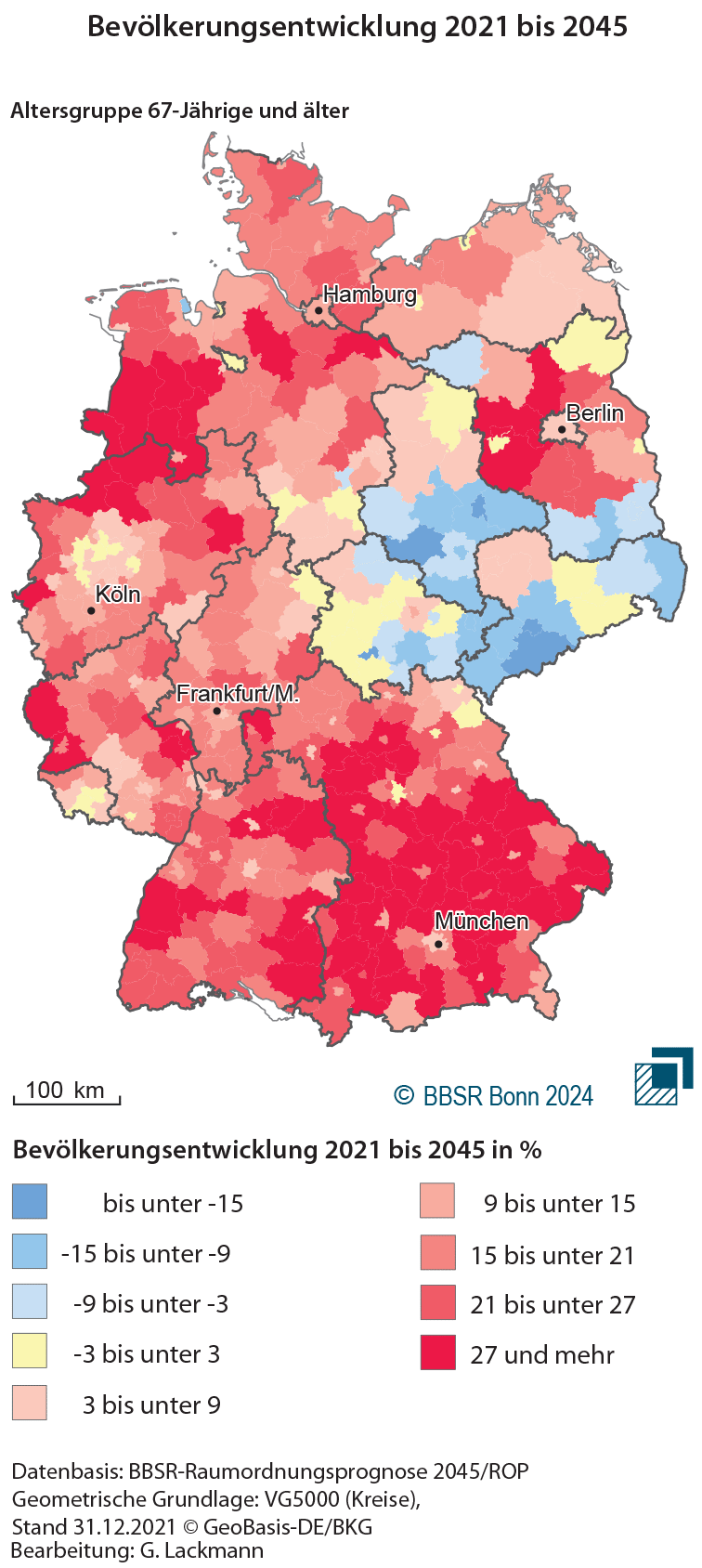 Illustration der Bevölkerungsentwicklung der 65-Jährigen und Älteren in verschiedenen Regionen in Deutschland.