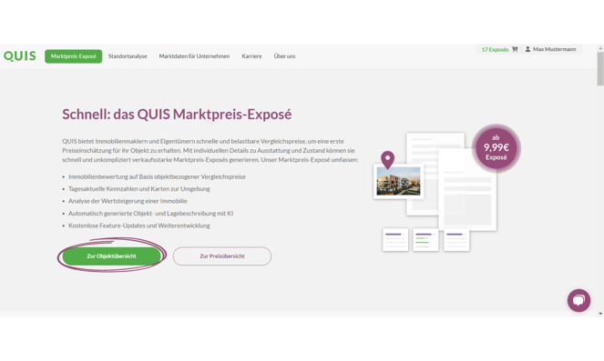 Landingpage des QUIS-Marktpreis-Exposés