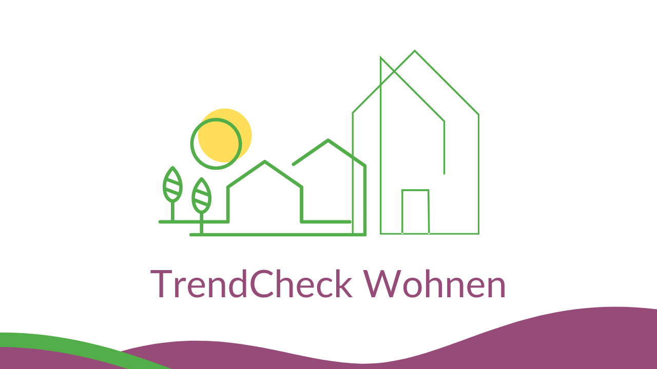 TrendCheck Wohnen Banner mit stilisierten Häusern, Bäumen und Sonne in grün und gelb.