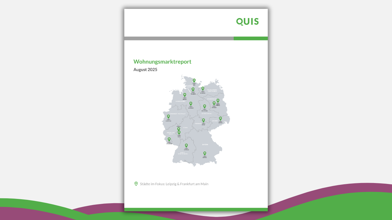 Titelblatt Wohnungsmarktreport August 2025 mit Deutschlandkarte und Fokus auf Leipzig und Frankfurt am Main