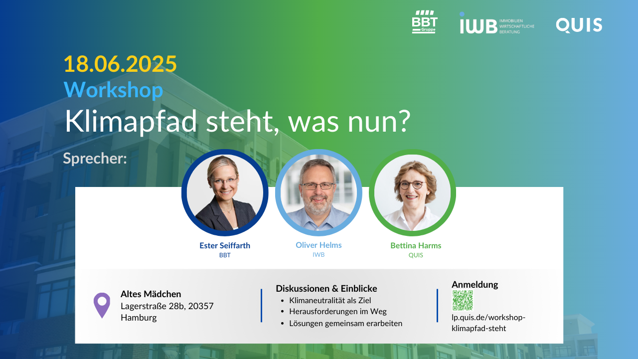 Workshop-Banner mit Titel ‚Klimapfad steht, was nun?‘, Datum 18.06.2025, Ort Hamburg, mit Porträts der Sprecher Seiffarth, Helms und Harms
