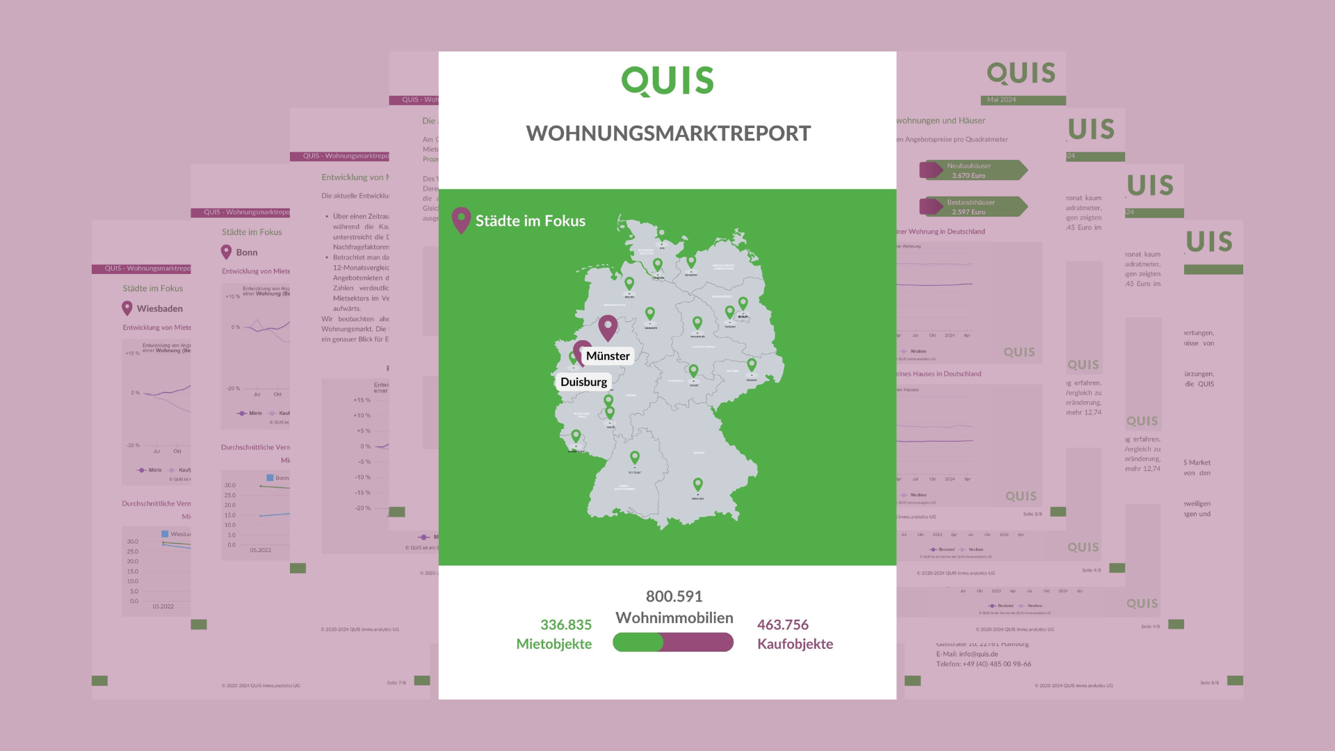 Gestapelte Seiten des QUIS- Wohnungsmarktreports